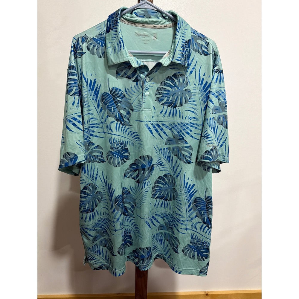 Walter Hagen 11 Majors Men XXL Mint Green Tropical Monstera Leaf Golf Polo Shirt